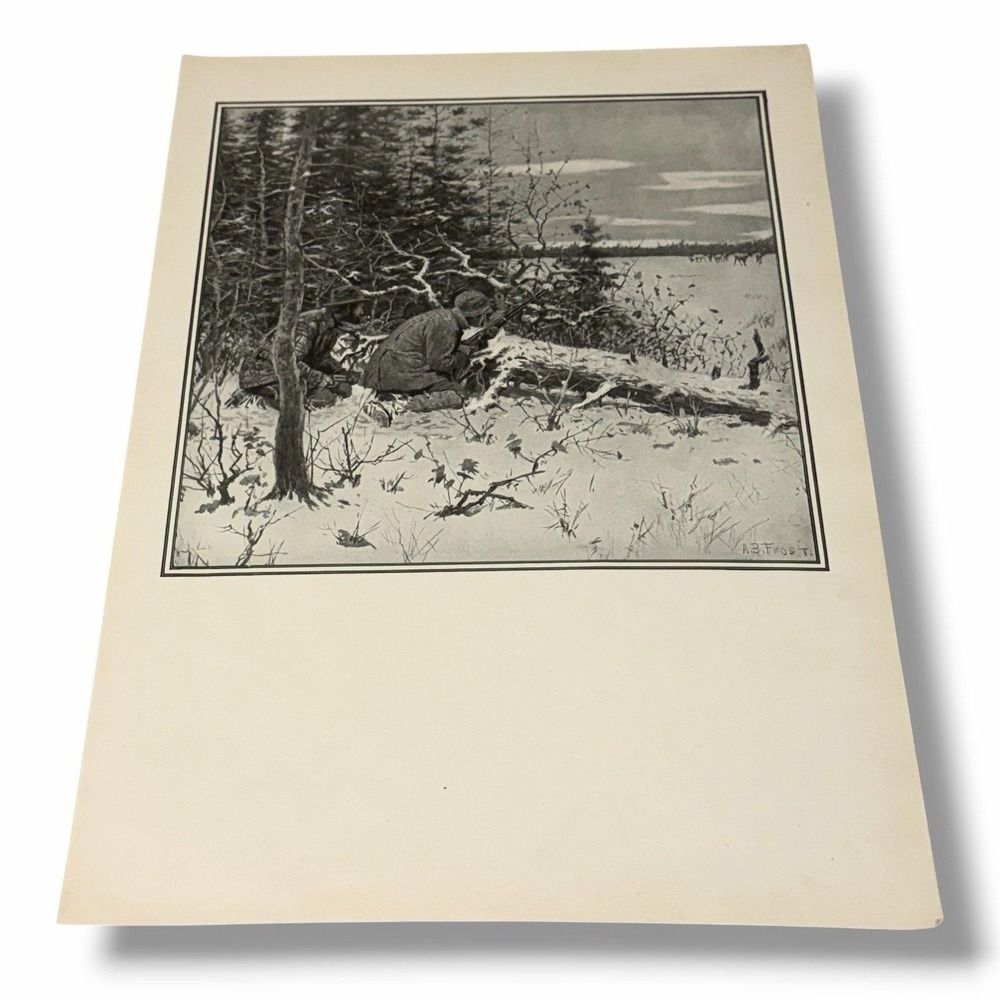 Vintage Illustration Art Bookplate 1904 Caribou Hunting by AB Frost AA